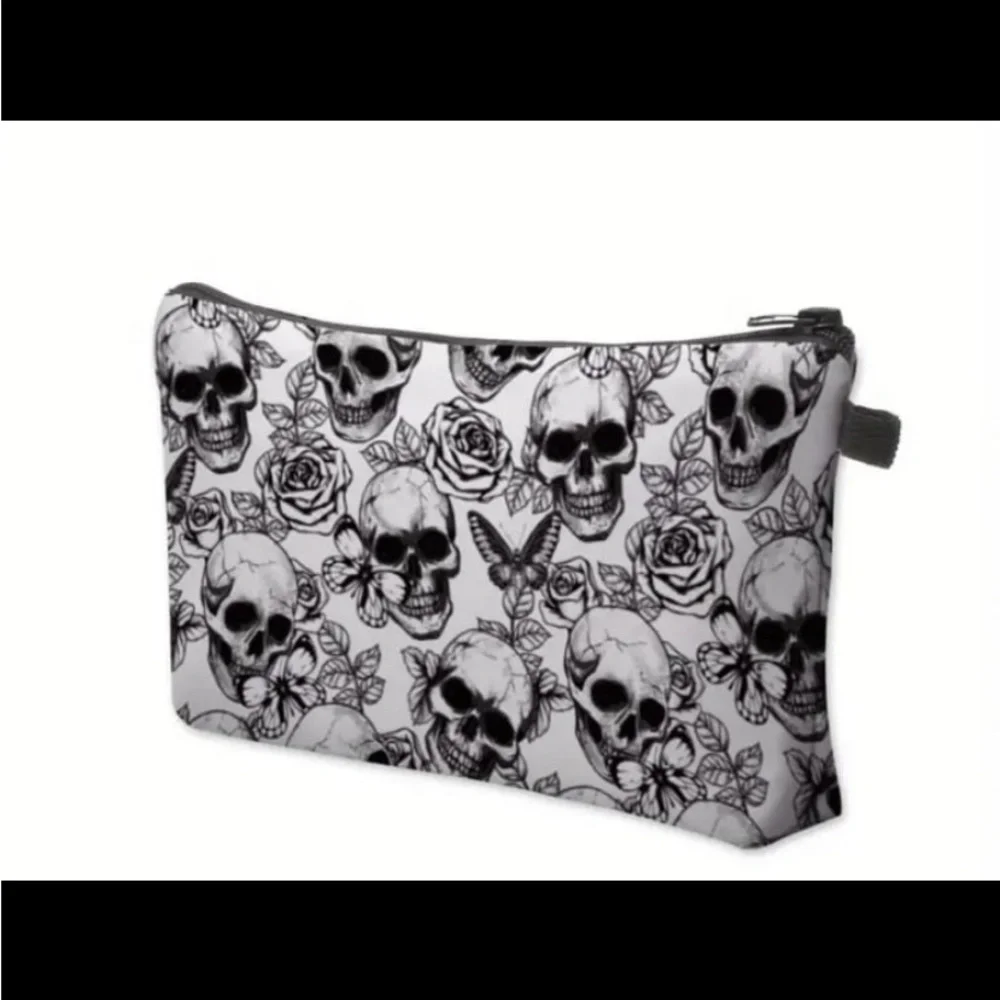 New! Printed Skull Butterfly Rose Pattern Cosmetic Bag, Waterproof Makeup Bag